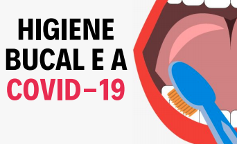 Boca aberta, em escovação de dentes, e o título da cartilha: Higiene bucal e a COVID-19