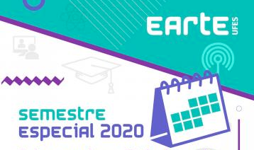 Imagem com um calendário e uma antena de conexão, com os escritos: Earte Ufes, semestre especial 2020