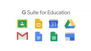 Escrito G Suite for Education, com símbolos de aplicativos do Google usados para educação