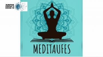 ícone de uma pessoa meditando, com mandala ao fundo, escrito Meditaufes